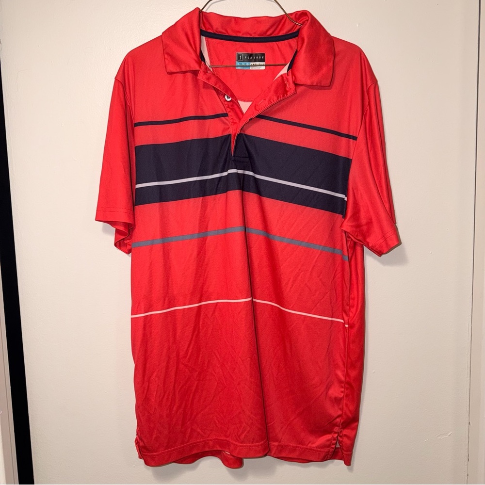 PGA Tour Red and Dark Navy blue Striped Polo Shirt Size L